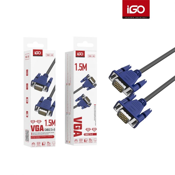 CABLE ALARGADOR 15 PIN VGA DOBLE MACHO M-M PARA PANTALLA ORDENADOR DE MESA PORTÁTIL MONITOR PROYECTOR 1.5 METROS