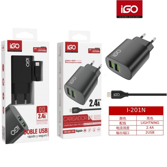 CARGADOR CON CABLE LIGHTNING 2.4A 2USB NEGRO