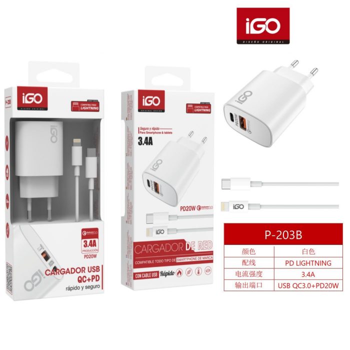 CARGADOR QC3.0+PD 20W 3.4A CON CABLE LIGHTNING BLANCO