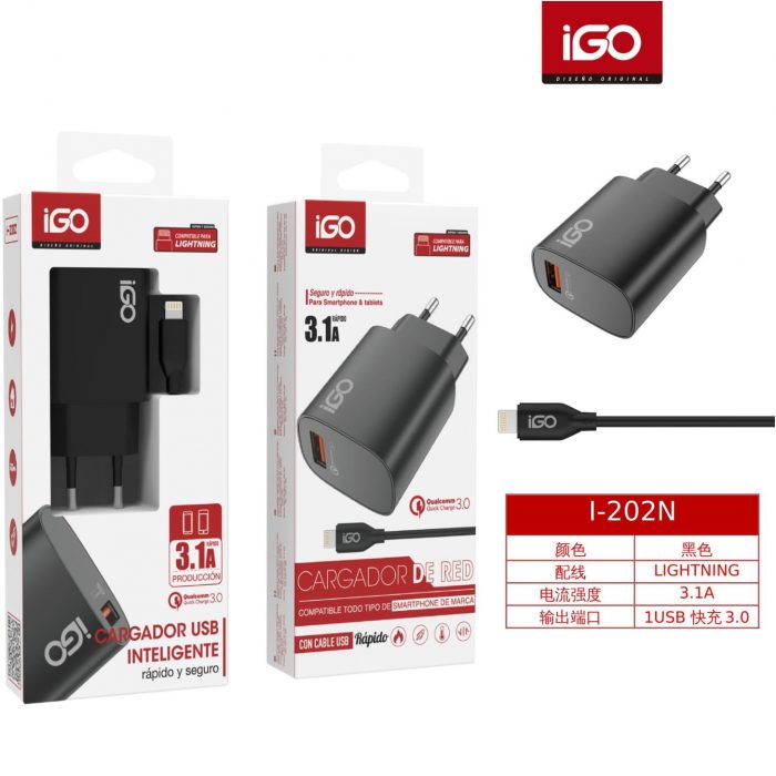 CARGADOR RÁPIDO QC3.0 3.1A CON CABLE LIGHTNING NEGRO