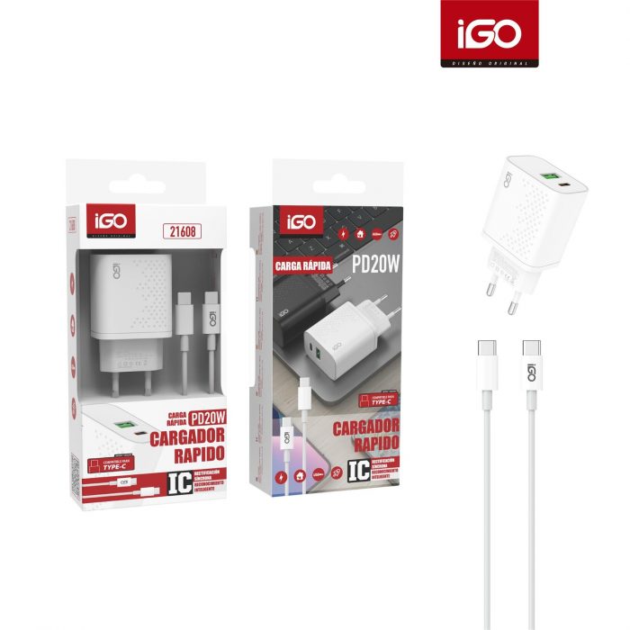 CARGADOR QC3.0+PD20W CON CABLE TIPO-C BLANCO