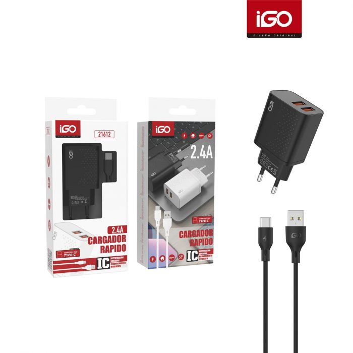 CARGADOR 2USB 2.4A CON CABLE TIPO-C NEGRO