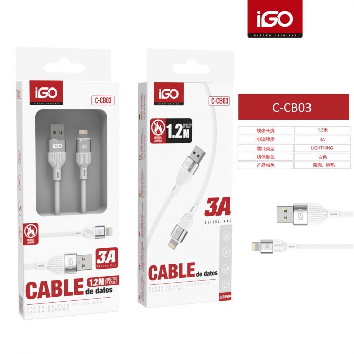 CABLE LIGHTNING USB MATERIAL IGNÍFUGO 3A 1.2M