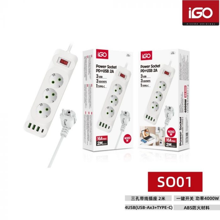 Alargador 3 enchufes con cable 2M USB(3 USB A+1 USB C) SO01