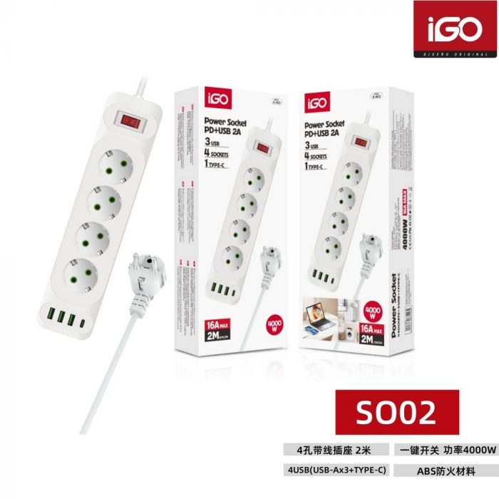 Alargador 4 enchufes con cable 2M USB(3 USB A+1 USB C) SO02