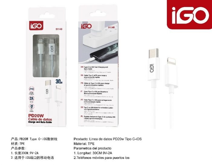 CABLE DE DATOS PD20W TIPO C A LIGHTNING 0.3M