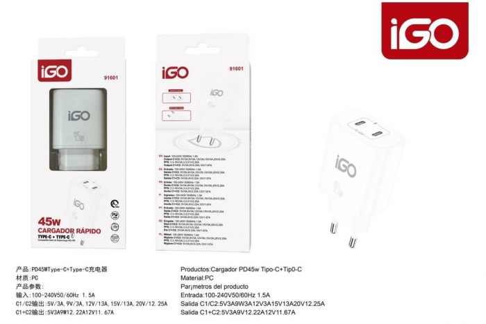 CARGADOR PD45W TIPO-C+TIPO-C